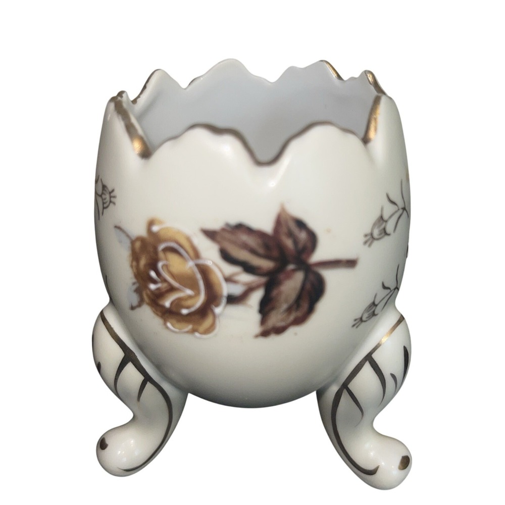Vintage Porcelain Egg Cup Holder Floral Gold Trim Decorative Accent - Picture 3 of 16